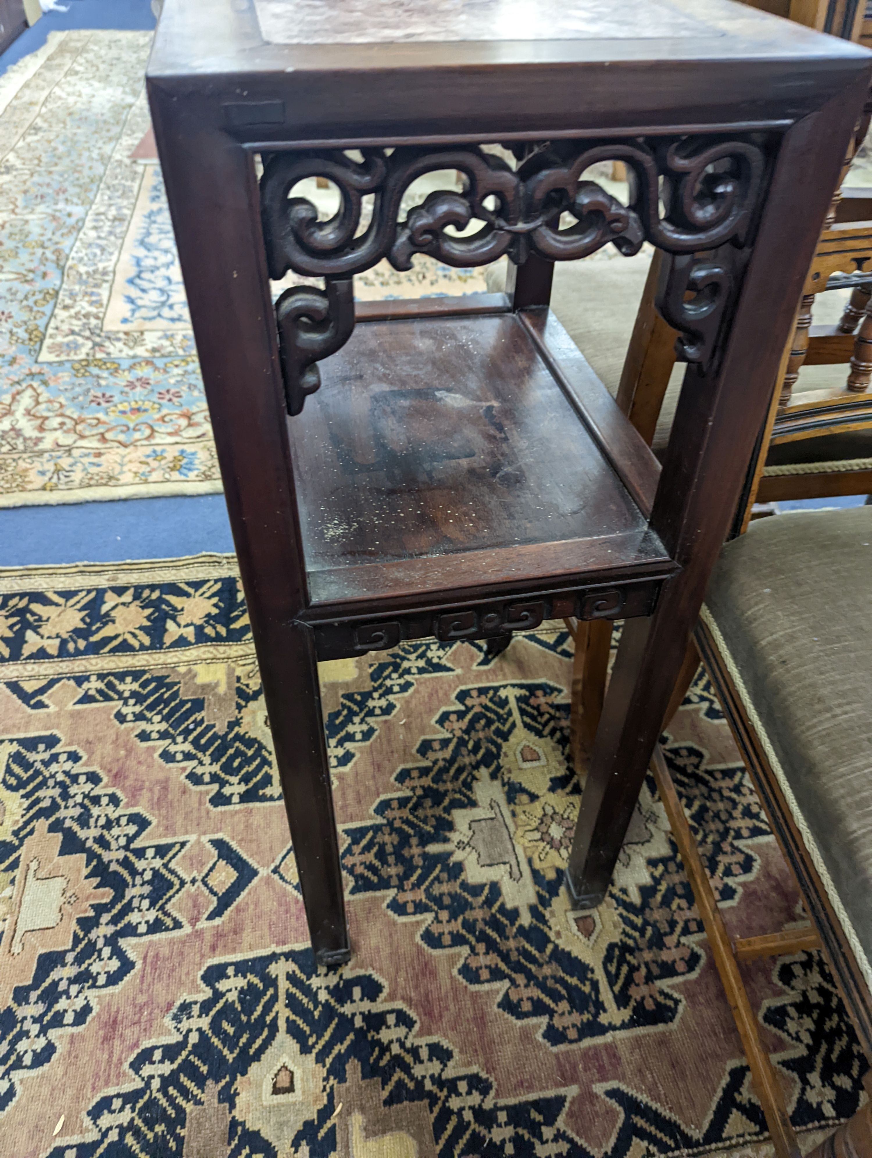 A late 19th century Chinese marble inset hardwood occasional table, width 41cm, height 79cm